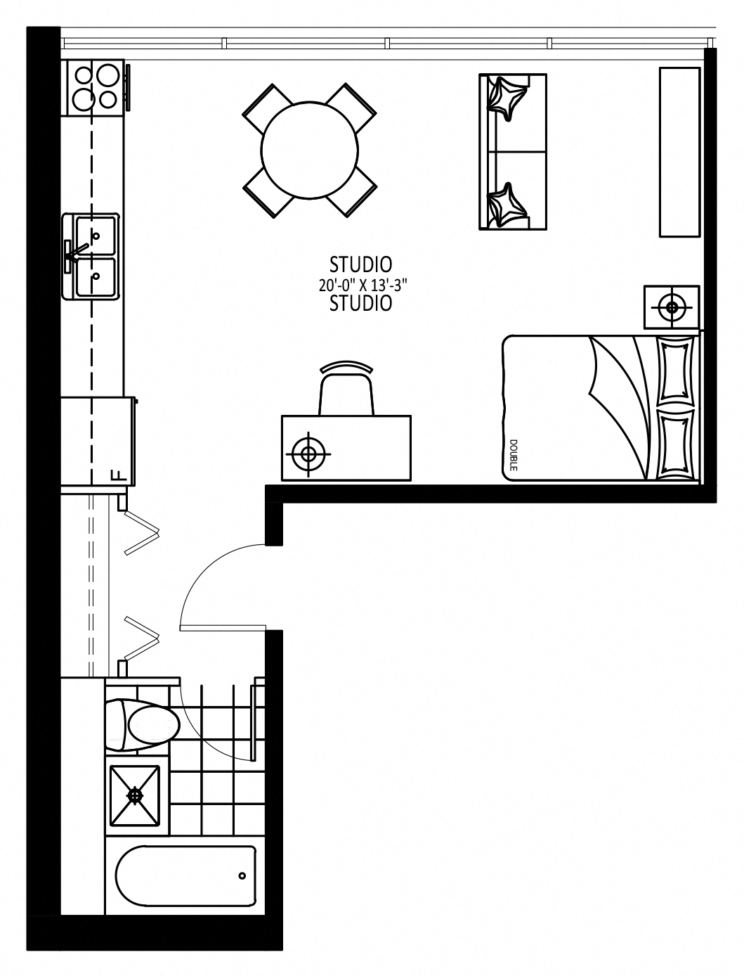 Floor plan for studio, 1 bath, 341 sqft